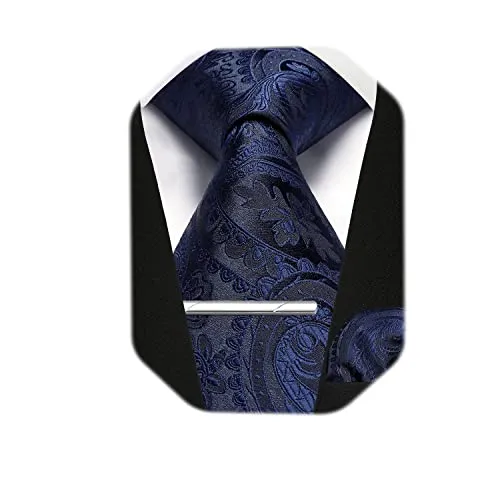 Enlision Navy Blue Tie Clip Paisley Tie Handkerchief Woven Classic Men's Necktie & Pocket Square Set Wedding Ties for Men Formal Ties