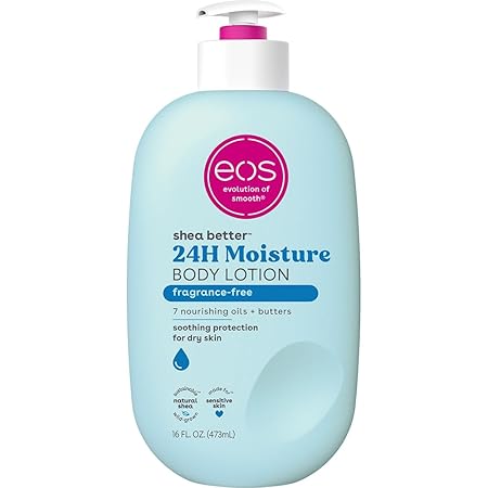 eos Shea Better Body Lotion Fragrance Free, 24-Hour Hydration Skin Care, Lightweight & Non-Greasy, Natural Shea, Vegan, Unscented Body Lotion, 16 fl oz