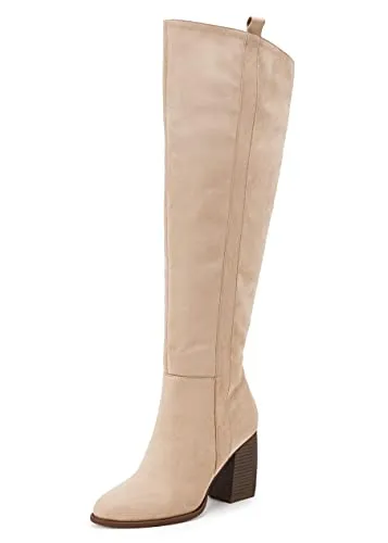 Ermonn Womens Faux Suede Side Zipper Pointed Toe Block Heel Stretch Over The Knee Thigh High Boots