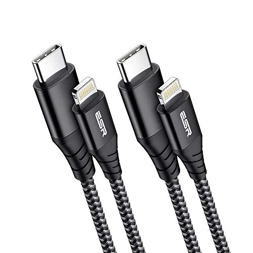ESR 2 Pack USB-C to Lightning Cable, 3.3ft MFi Certified, Braided Nylon Power Delivery Fast Charging for iPhone 12/Mini/Pro/Pro Max/11/SE/XR/XS/X/8, AirPods Pro,Use with Type-C Chargers,Black