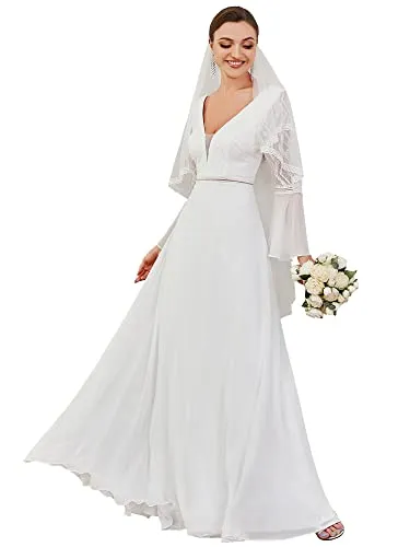 Ever-Pretty Women's Deep V-Neck Lace Chiffon Long Sleeves Sexy Winter Maxi Bridal Gowns White US10