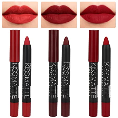 evpct 3Pcs Dark Ruby Deep Red Matte Lipstick and Lip Crayon Sticks Liner Pencil Set DNM Matte Lip Liner and Lipstick Set 24 Hour Lip Liners Crayon Waterproof labiales mate 24 horas originales 10&11&18