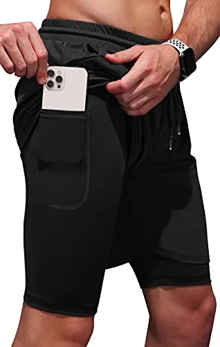Ewedoos Mens Shorts Running Shorts 2-in-1 Gym Shorts for Men Quick Dry Lined Workout Athletic Shorts with 3 Pockets Black
