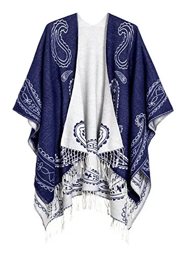 EXCHIC Women's Retro Shawl Wrap Open Front Poncho Cape Cardigan for Fall Winter (##6 Navy Blue)