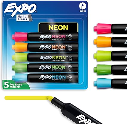 EXPO Neon Dry Erase Markers, Assorted, Bullet Tip, 5 Count - Fun, Vibrant Colors for Whiteboard, Glass, Acrylic, Home Organization