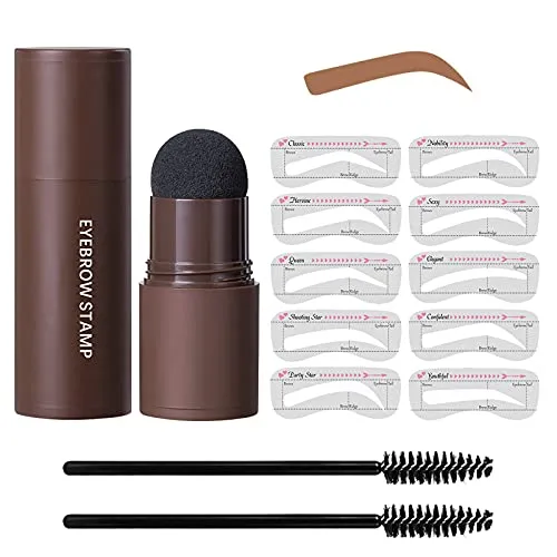 Eye-Brow Stamp Stencil Kit, Waterproof Brow Stamp Shaping Kit Eyebrow Definer, Eyebrow Filling Powder Stamp, Women Makeup Tools with 10 Reusable Eyebrow Stencils, 2 Eyebrow Brushes (Light Brown)