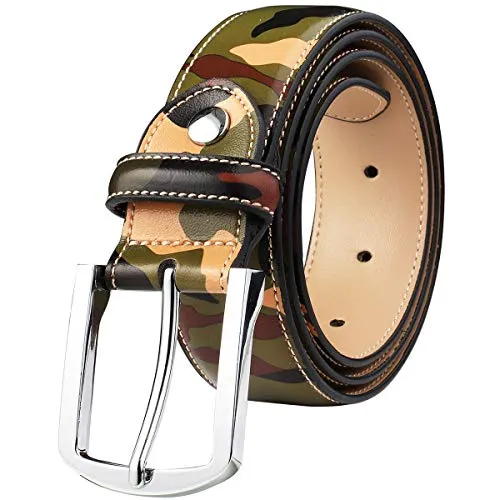 Falari Men Genuine Leather Casual Dress Belt With Single Prong Buckle 16 Colors (Green Camouflage, M 34-36 (fit waist 32-34))