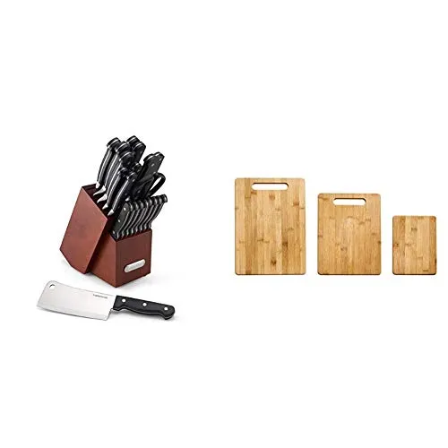 Farberware Edgekeeper 21-Piece Forged Triple Riveted Block Set with Built-in Knife Sharpener, Cherry & 3-Piece Bamboo Cutting Board, Set of 3 Assorted Sizes, Brown