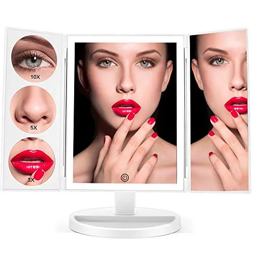 FASCINATE Large Lighted Makeup Vanity Mirror (X-Large Model), Trifold Vanity Mirror with Lights 10X/5X/3X Magnification, Touch Screen, 360Â° Free Rotation, Double Power Supply Light Up Mirror (White)