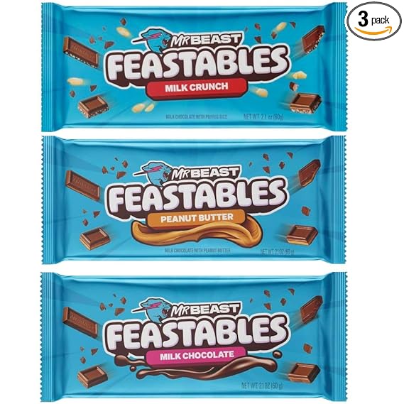 Feastables | Mr Beast Chocolate Bar | [3 BAR BUNDLE] Milk Chocolate Feastables | Milk Crunch | Peanut Butter | New Formula Creamier 2.1oz Mrbeast Chocolate | Feastables Chocolate