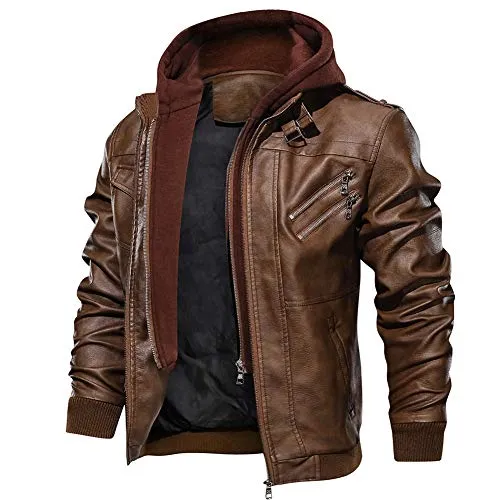 FEDTOSING Men's Vintage Biker Faux Leather Jacket Retro Zip-UP Stand Collar Motorcycle Jackets with Removable Hood (Brown-7 L)