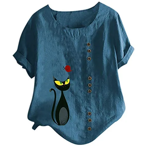 FEISI22 Women's Cotton Linen Tops Short Sleeve Retro Chinese Frog Button Blouse Casual Loose T Shirt Plus Size Tops