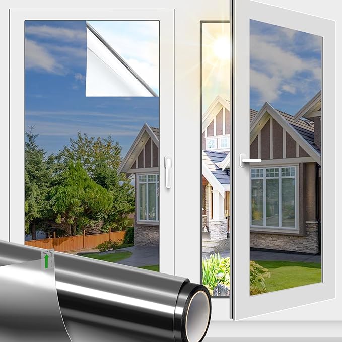 FILMGOO One Way Window Film Privacy Reflective Window Film Mirror Tint Glass Door Vinyl Stickers Paper Static Cling (17.5 Inch x 7.8 Feet, Black Silver)