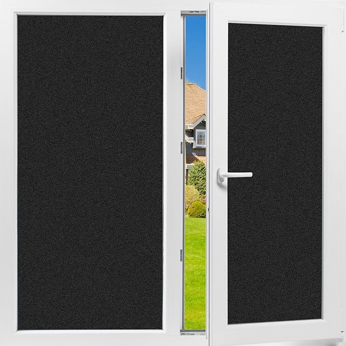FILMGOO Total Blackout Window Privacy Film Day and Night 100% Light Blocking Static Cling Room Darkening Window Tint Door Stickers for Home Office No Glue Anti-UV Frosted-Black 35.4 Inch x 7.8 Feet