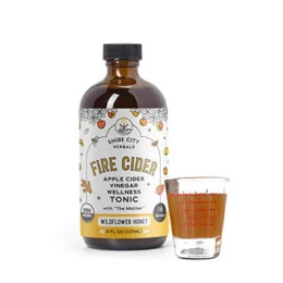 Fire Cider, Tonic, 8 oz with shot glass, Wildflower Honey flavor, 16 Daily Shots, Apple Cider Vinegar, Whole, Raw, Organic, Not Heat Processed, Not Pasteurized, Not Diluted, Paleo, Keto, Whole 30.