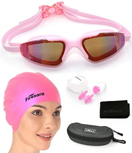 Firesara Swim Cap Swim Goggles, 3D Ergonomic Silicone Swimming Caps for Long Hair Women Short Hair Men Kids Adult with Anti Fog UV Protection Goggles Set Keep Hair Eyes Clean Plus Nose Clip Ear Plugs