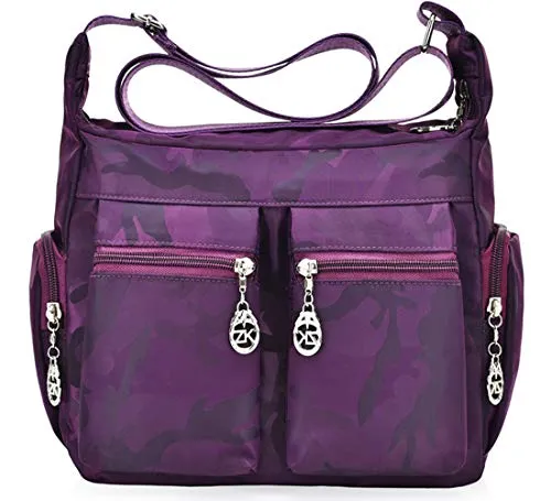 FiveloveTwo Lightweight Nylon Multi Pocket Hobo Shoulder Crossbody Bag Handbags and Purses for Women Men Top-handle Messenger Crossbody Bag Pack Totes Satchels Purple Camouflage