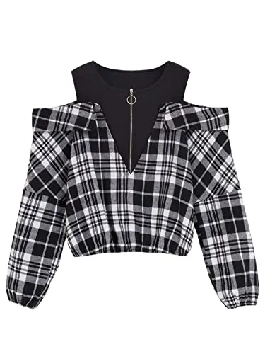 Floerns Women's Plaid Print Cold Shoulder Patchwork Long Sleeve Blouse Top Black and White L