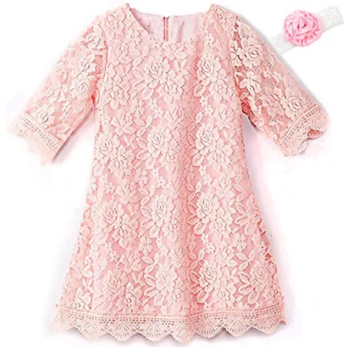 Flower Girl Dresses Christmas Easter Birthday Party Formal Pageant Dress for Kids Size 1 Long Sleeve Lace Flower Dresses for Toddler Baby Princess Tutu Tulle Dress Cute Beautiful Clothing (Pink 110)