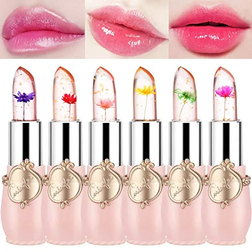 Flower Lip Gloss Crystal Jelly Lipstick, 6 Packs Long Lasting Nutritious Lip Balm Lips Moisturizer Magic Temperature Color Change Lipgloss (pink)
