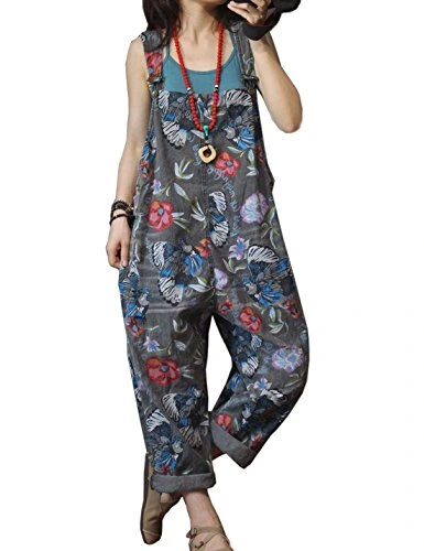 Flygo Women's Loose Baggy Floral Printed Cotton Wide Leg Jumpsuits Rompers Overalls Harem Pants (One Size, Style 10 Grey)