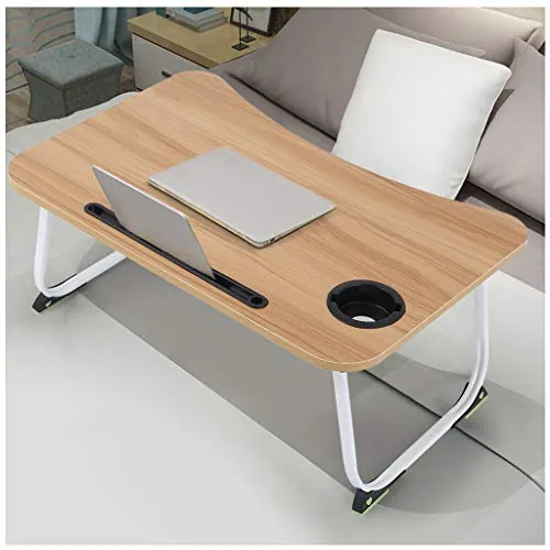 Folding Laptop Desk for Bed, Mosunx Multi-Function Laptop Bed Table with Phone Stand, Bed Trays for Eating, Foldable Writing Desk for Sofa (Brown (with Cup Holder), 23.6x15.7x11 inches)