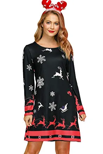 For G and PL Reindeer Women Christmas Dress Pullover Party Casual Long Sleeve Swing Dress Red & White XS