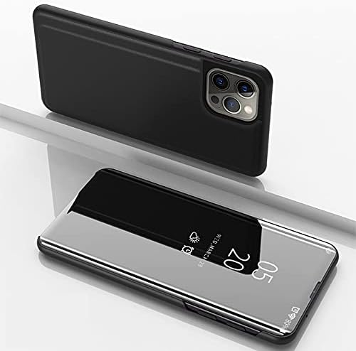 for iPhone 13 Pro Case, Flip Plating Mirror PC + PU Case with Stand Function Translucent Clear View Shockproof Protective Cover Compatible with iPhone 13 Pro - Black