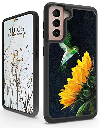 for Samsung S21 Case 5G, Galaxy S30 Case for Women, Heavy Duty Dual Layer Textured PC Back Soft Silicone Shockproof Premium Protective Phone Cover for Samsung Galaxy S21/S30, Sunflower Hummingbird