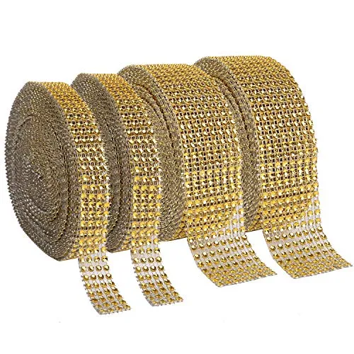 Foraineam 2 Rolls 8 Row 10 Yard & 2 Rolls 4 Row 10 Yard Golden Rhinestone Ribbon Silver Diamond Bling Sparkle Ribbon Wrap for Arts & Crafts, Event Decorations