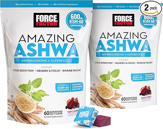 Force Factor Amazing Ashwa for Stress Relief, Memory, Focus, and Immune Support Health, Ashwaganda Supplement with KSM-66 Ashwagandha for Stress, 120 Soft Chews