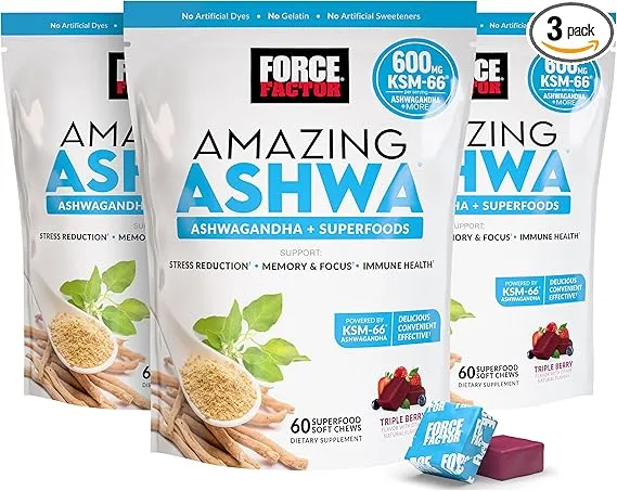 Force Factor Amazing Ashwa for Stress Relief, Memory, Focus, and Immune Support Health, Ashwaganda Supplement with KSM-66 Ashwagandha for Stress, 180 Soft Chews