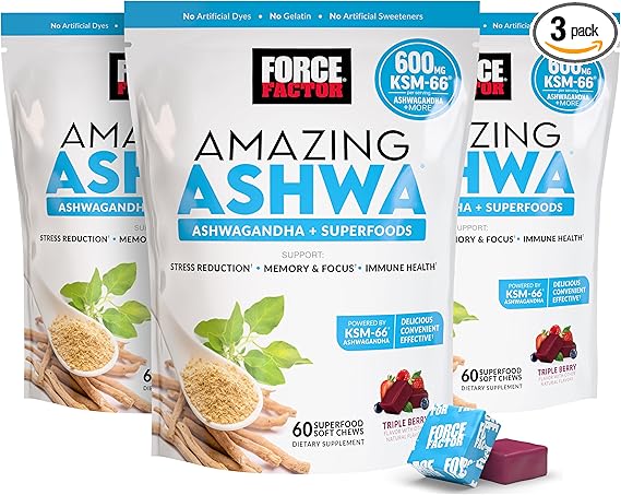 Force Factor Amazing Ashwa for Stress Relief, Memory, Focus, and Immune Support Health, Ashwaganda Supplement with KSM-66 Ashwagandha for Stress, 180 Soft Chews