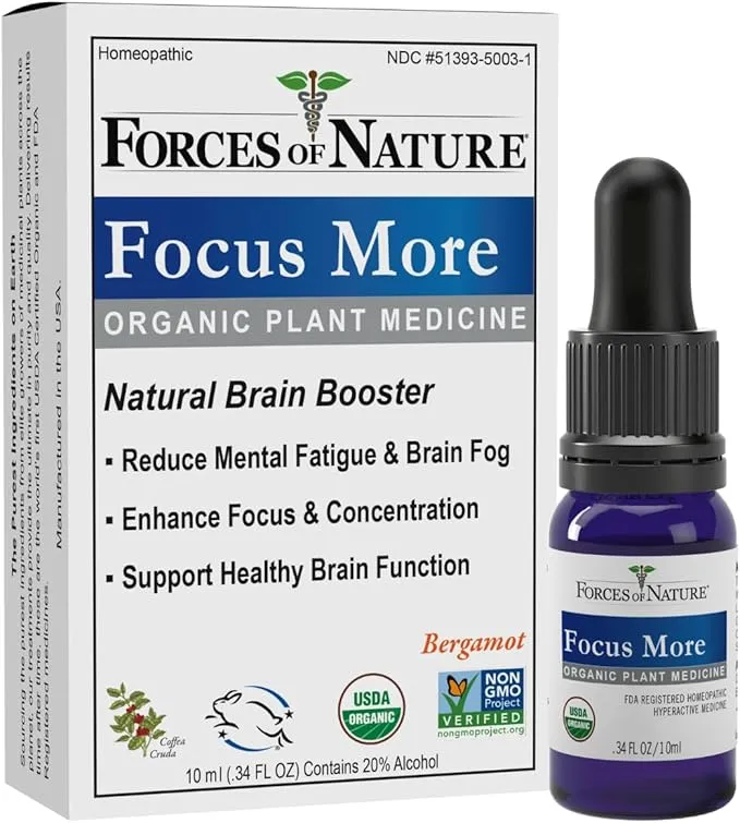 Forces of Nature Focus Supplement, Focus More Homeopathic Medicine, 0.34 Fl Oz, Nootropics Brain Support Supplement, Helps Memory & Concentration