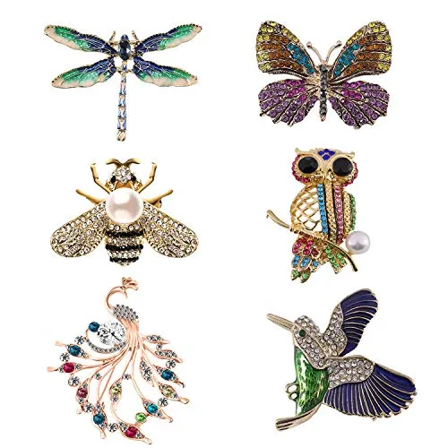 Forise 6 Pieces Women Brooch Set Crystal Rhinestone Vintage Brooches Pin with Dragonfly Butterfly Hummingbird Owl Peacock Bee Design Colorful Animal Shape Brooch for Women Girls