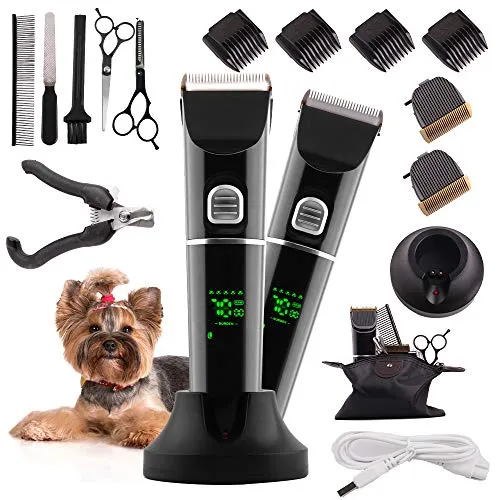 FREGENBO Dog Clippers for Grooming, Dog Grooming Clippers kit with 2 Pack Blades, Low Noise Pet Hair Clippers USB Rechargeable Cordless Professional Pet Grooming Kit with LED Display