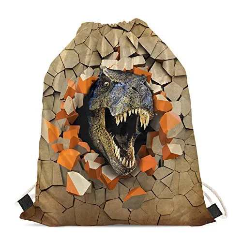 Frestree Cool T-Rex Dinosaur Pattern Drawstring Sports Backpack Gym Yoga Shoulder Rucksack for Women and Men Unisex Storage Purse