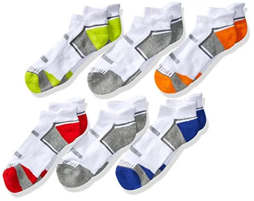 Fruit of the Loom Boys' Big Everyday Active Low Cut Tab Socks-6 Pair Pack, white, orange, red, green, blue, gray, Shoe Size: 4-10