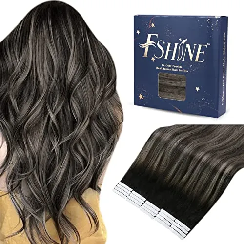 Fshine Tape in Hair Extensions, Balayage Natural Black Mixed Silver Tape in Extensions 20pcs 50g 20 Inch Straight Hair Skin Weft Tape in Human Hair Extensions (#1B/Silver/1B, 20in)