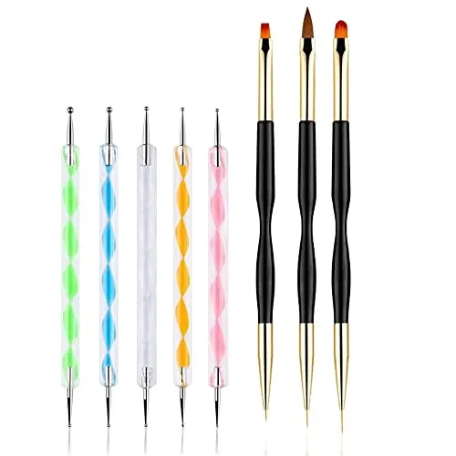 FULINJOY 5PCS Dotting Pens with 3 PCS Nail Painting Brushes, Double Ended Brush and Dotting Tool Kit, Nail Art Design Tools