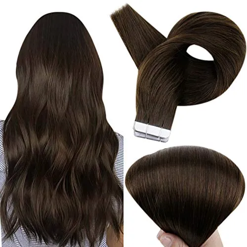 Full Shine 12 Inch Tape in Hair Extensions Short Seamless Remy Pu Glue on Hair 30G 20 Pcs Color 2 Darkest Brow Tape in Human Hair Brazilian Remi Pu Hair Silky Straight Thick Ends