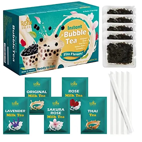 Fusion Select Authentic Bubble Tea Kit (5 Packs) Bubble Tea Drink, Boba Tapioca Pearl, Straws, Most Popular Bubble Tea Flavors Milk Tea, Rose, Lavender, Sakura Rose, and Thai Tea