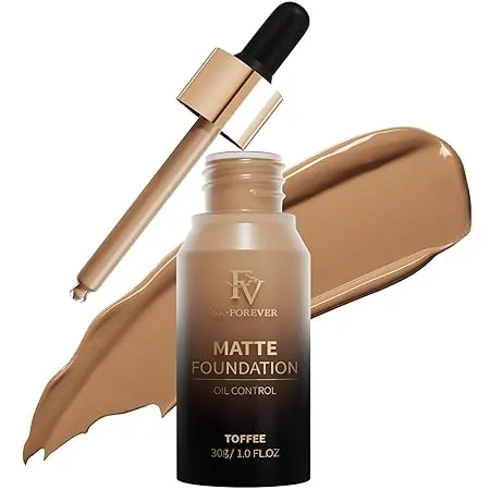 FV Matte Liquid Foundation - Full Coverage, Long-Lasting, Oil Control, Minimizes Pores, Waterproof Makeup for Oily/Combination Skin, Flawless Finish, 1 Fl. Oz (Toffee)