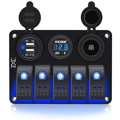 FXC Waterproof Marine Boat Rocker Switch Aluminum Panel 5 Gang with Dual USB Slot Socket 3.1A + Volt Meter Blue LED Light for Car Rv Vehicles Truck (KG0149-5B Blue)
