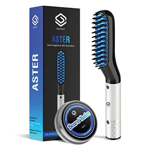 Galvolt Beard Straightener for Men, Multifunctional Hot Comb and Beard Brush Hair Straightening Comb with Dual Voltage 110-240V Includes Beard Balm