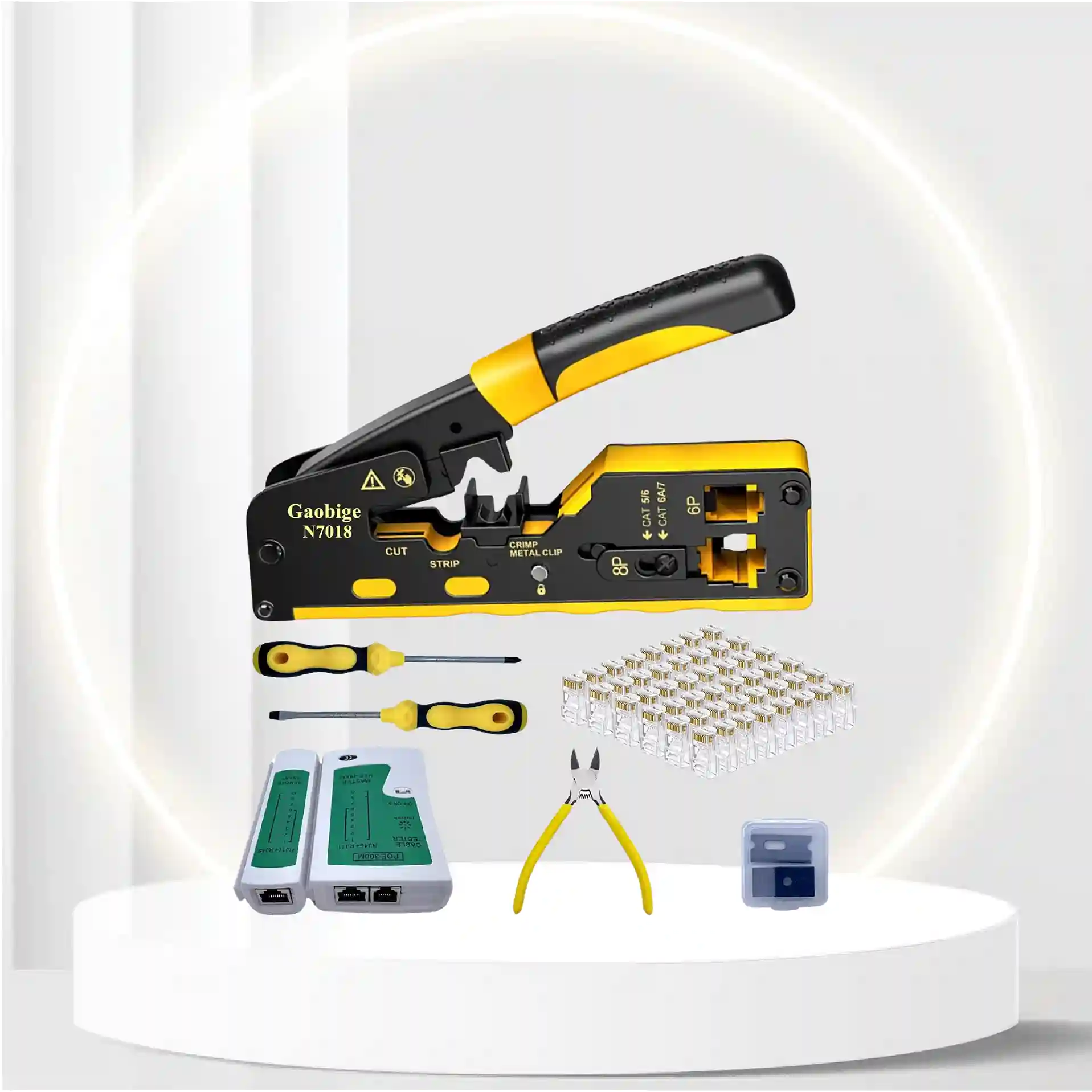 Gaobige Pass Through rj45 Crimp Tool Kit, Network Tool Kit, Cat7 Cat6A Cat6 Cat5e Cat5 rj45 Crimping Tool with 50PCS cat6 Pass Through Connectors, Network Tester, Wire Cutter