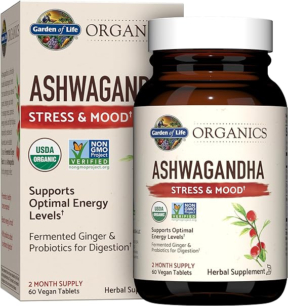 Garden of Life mykind Organics Ashwagandha Stress & Mood 60 Tablets - 600mg Ashwagandha plus Ginger & Probiotics, Supports Healthy Stress Response, Energy Levels - Organic Non-GMO Vegan & Gluten Free