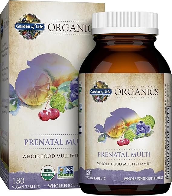 Garden of Life Organics Womens Prenatal Multivitamin with Vitamin D3, B6, B12, C & Iron, Folate for Energy & Healthy Fetal Development  Organic, Non-GMO, Gluten-Free, Vegan, 60 Day Supply