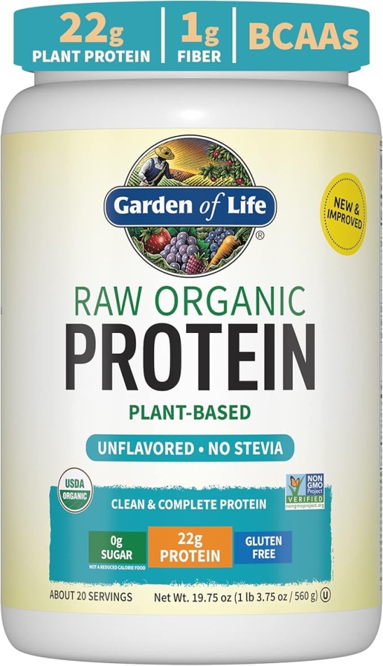 Garden of Life Raw Organic Protein Unflavored Powder, 20 Servings, Certified Vegan Gluten Free Organic & Non-GMO, Plant Based Sugar Free Protein Shake with Probiotics & Enzymes, 4g BCAAs, 22g Protein