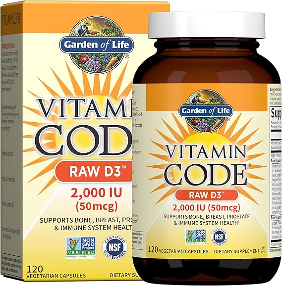 Garden of Life Vitamin D, Vitamin Code Raw D3, Vitamin D 2,000 IU, Raw Whole Food Vitamin D Supplements with Chlorella, Fruit, Veggies & Probiotics for Bone & Immune Health, 120 Vegetarian Capsules